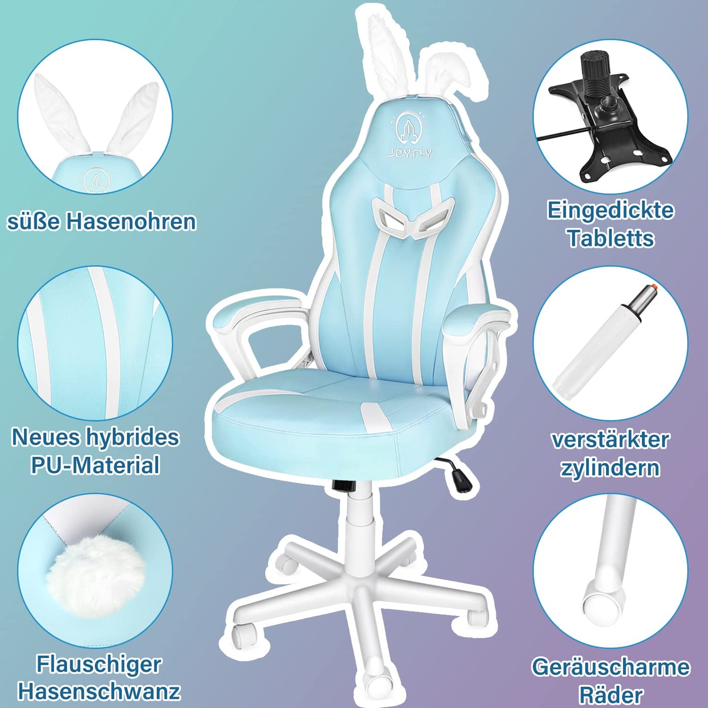 JOYFLY Gaming Chair Cute Computer Chair with Lumbar Support, with Bunny Ears Ergonomic Racing Office Chair Height Adjustable Gamer Chair for Girls (Light Blue)