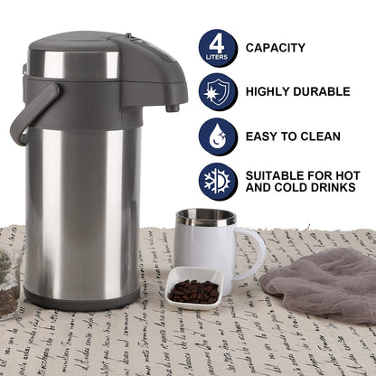 Olerd 4.0 Liter Pump Thermo Coffee Dispenser, Stainless Steel Double Wall Pump Vacuum Insulated Flask with Pump Mechanism, Coffee Carafe, Pitcher for 24 Cups (Silver)