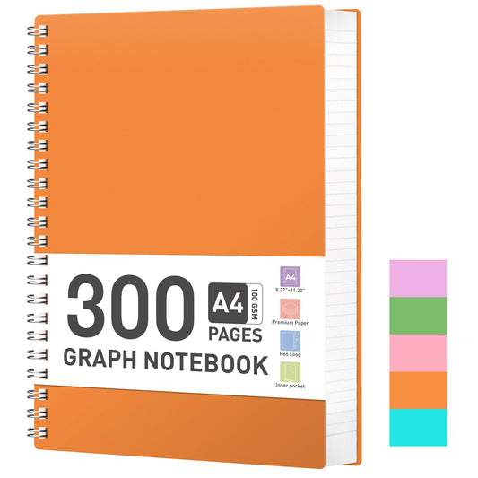 RETACY A4 Grid Notepad, Spiral Notebook 100gsm with 300 pages/150 sheets for drawing, Plastic PVC Hardcover, for diary, college, conference, travel, 21.5 x 27.9cm - Orange