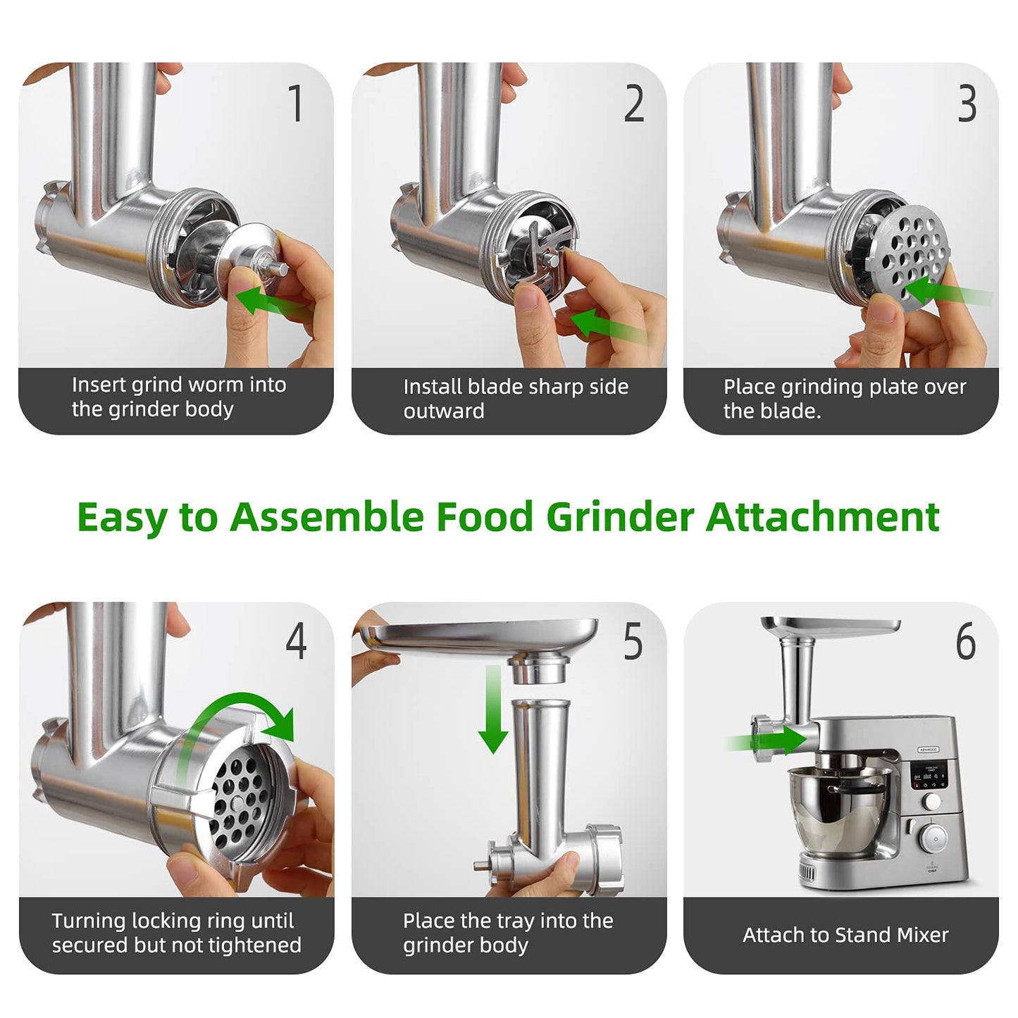Gdrtwwh Meat Grinder Attachment suitable for all Kenwood Chef and kMix Kitchen Machines, with 2 sausage filling tubes and 4 grinding discs.