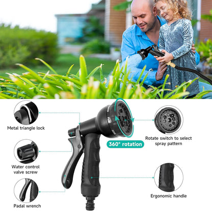 Flexible garden hose 30m with 8 function garden hand spray nozzle. Flexible garden hose 3/4 inch & 1/2 inch with hose hook storage bag. Water hose for garden, pet, car wash. Black.