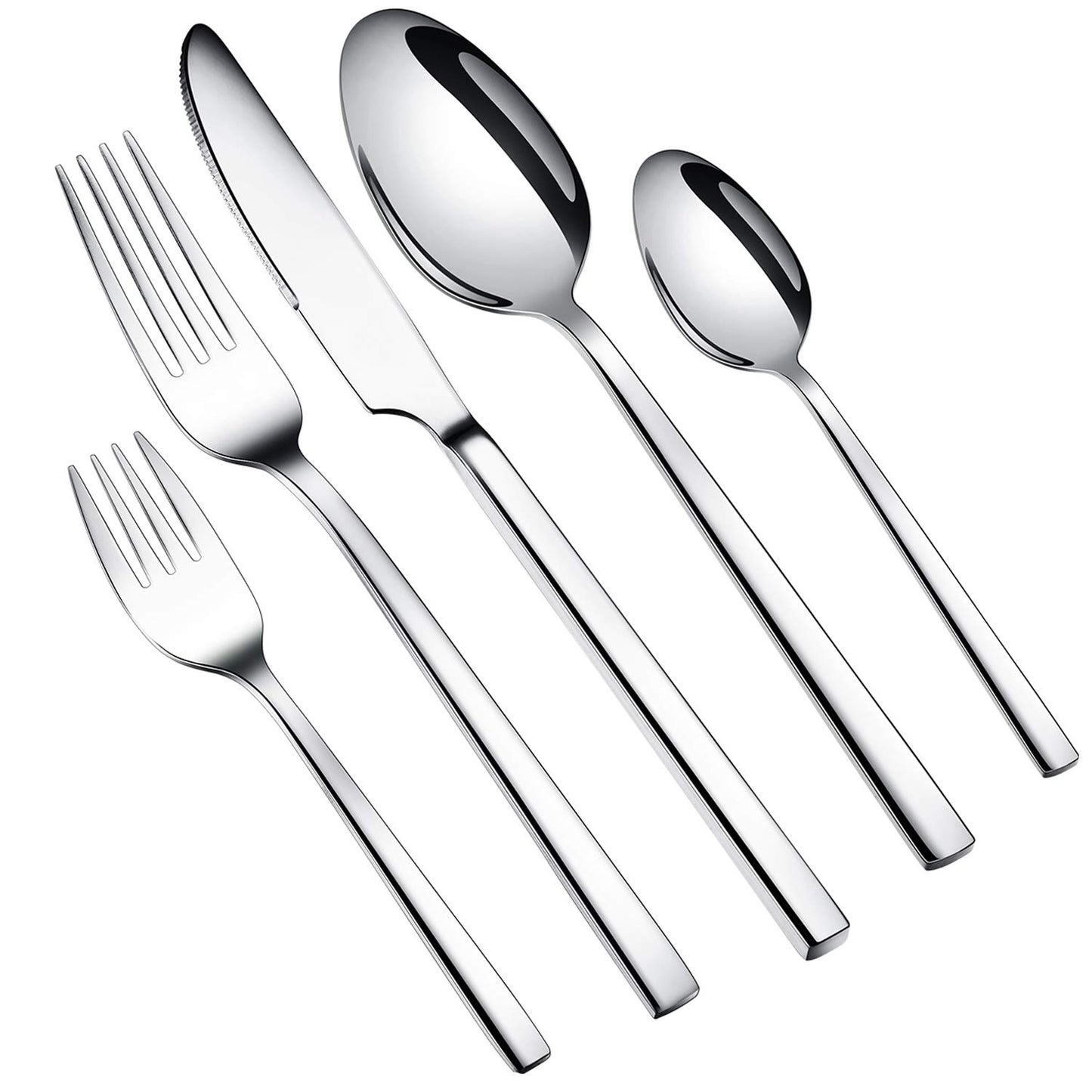 WUJO cutlery set, stainless steel silverware, 30-piece set including knives, forks, spoons, cake forks, tea/coffee spoons. Cutlery for 6 people, mirror polished, dishwasher safe.