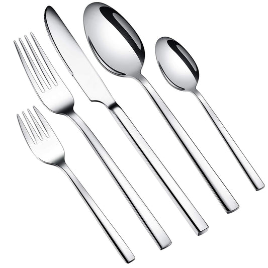 WUJO cutlery set, stainless steel silverware, 30-piece set including knives, forks, spoons, cake forks, tea/coffee spoons. Cutlery for 6 people, mirror polished, dishwasher safe.