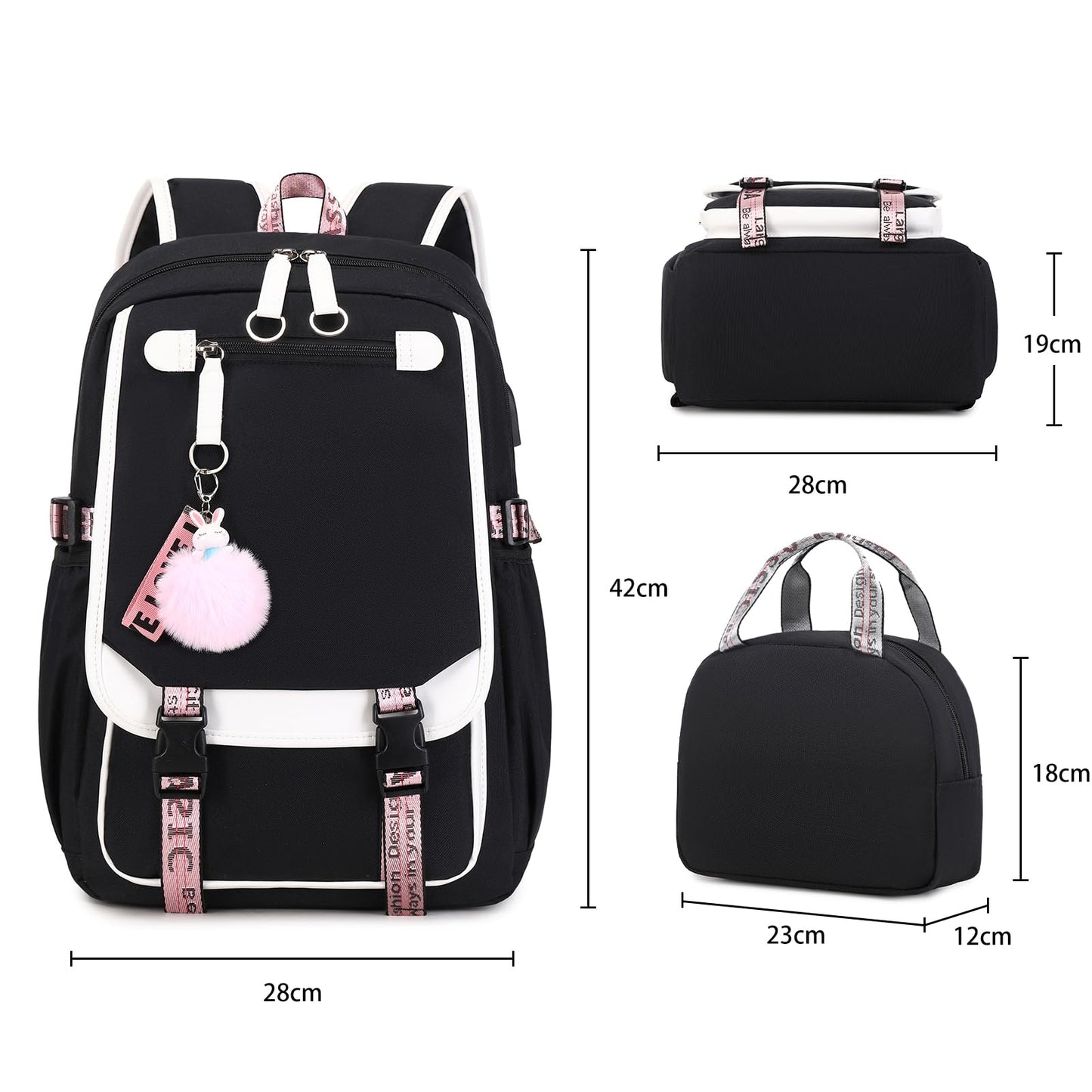 Bevalsa school backpack set for girls with lunch bag, 21L waterproof large casual daypack for elementary students in black color.