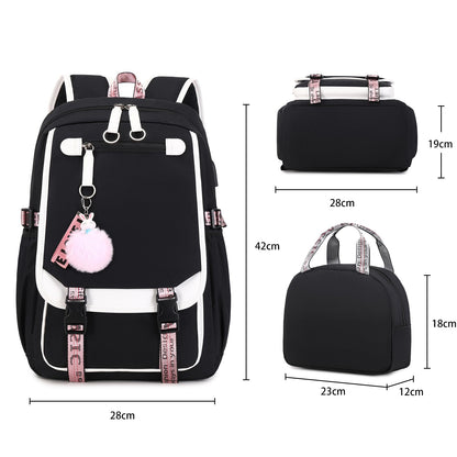 Bevalsa school backpack set for girls with lunch bag, 21L waterproof large casual daypack for elementary students in black color.