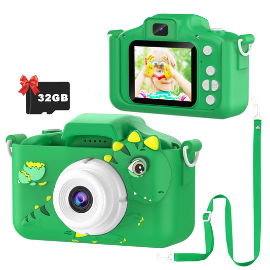 HD dinosaur camera toy, high-resolution video recording, rechargeable and portable - 32GB SD card included - back-to-school and birthday gift for kids aged 3-12.