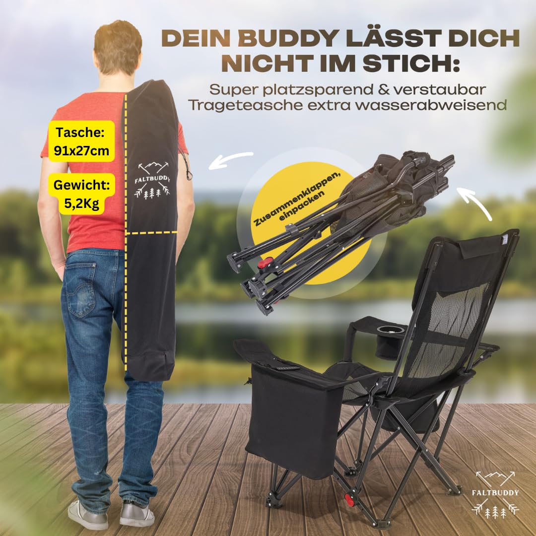Faltbuddy® camping chair foldable & lounger collapsible 2in1 180kg black [XXL cooler bag] folding chair I collapsible chair I fishing chair camping lounger beach lounger foldable lightweight - angler beach festival outdoor