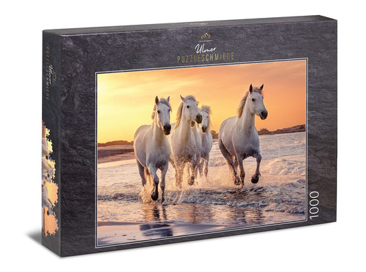 Ulmer Puzzle Forge - Camargue Horse Puzzle - classic 1000 piece animal puzzle featuring the white horse in the wild in Camargue, Provence, Southern France.