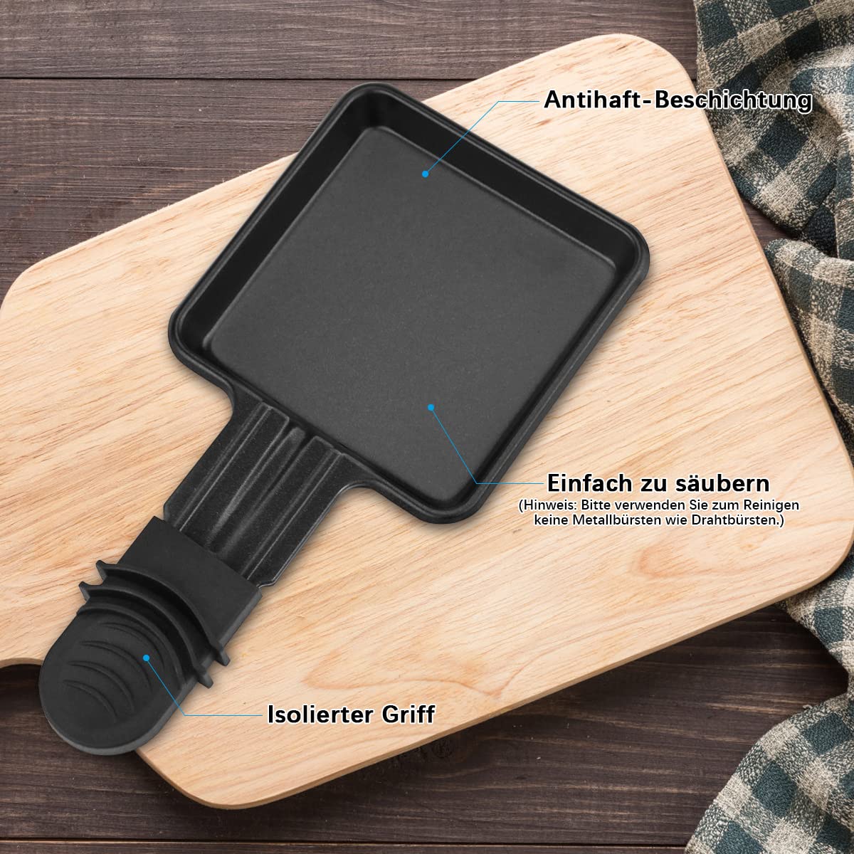 4 pieces of small pans for raclette, non-stick coated grill pans, square mini raclette with 4 wooden spatulas for raclette grill accessories.