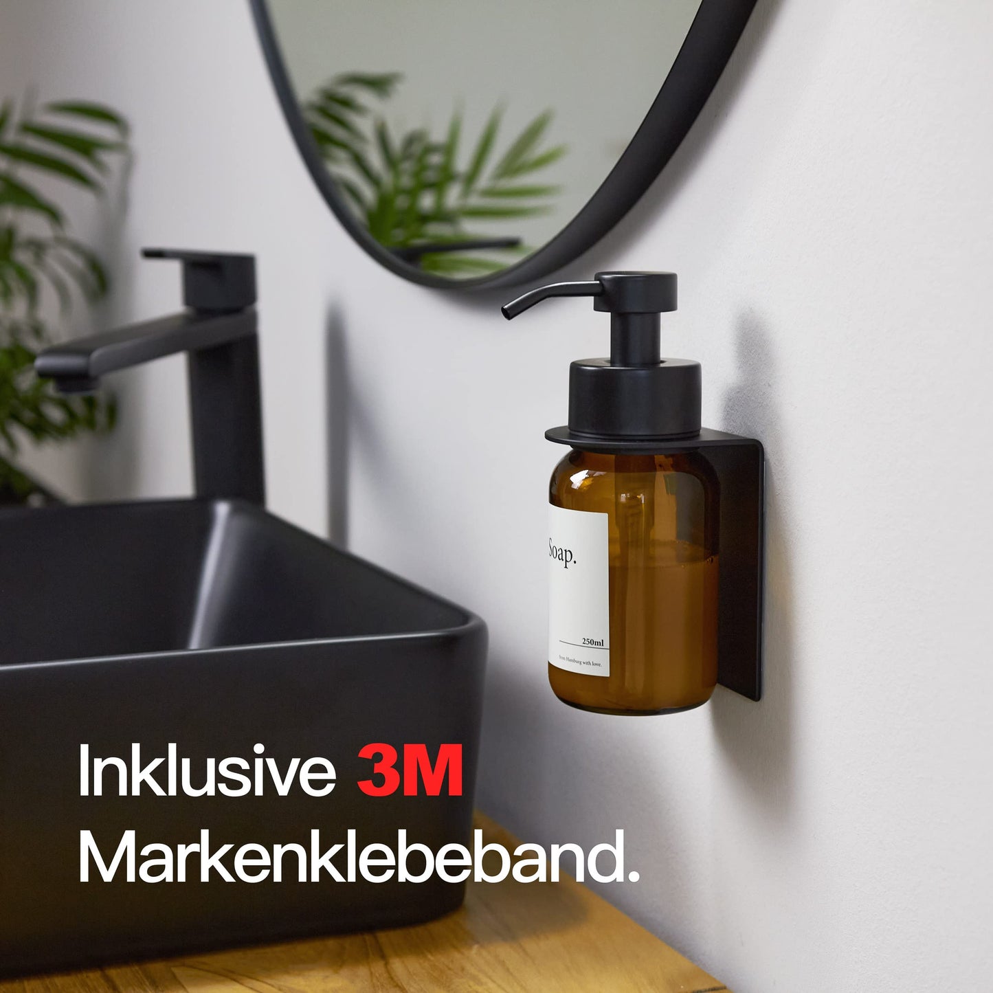 Design Factory Hamburg | Glass soap dispenser with self-adhesive wall mount | Stainless steel pump for liquid soap | Detergent dispenser without drilling | with wall holder | Black / Brown glass