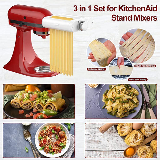 Pasta attachment for KitchenAid stand mixers. 3-in-1 set includes pasta roller, spaghetti cutter, and fettuccine cutter. Perfect accessory for making homemade pasta.