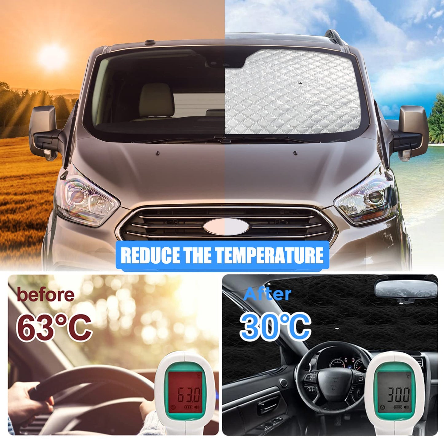 Opaltool thermal mat for driver's cabin interior for Ford Transit Custom 2012-2025, 3-piece UV & water protection sunshade for privacy & temperature control in motorhome.