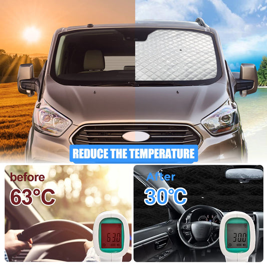 Opaltool thermal mat for driver's cabin interior for Ford Transit Custom 2012-2025, 3-piece UV & water protection sunshade for privacy & temperature control in motorhome.