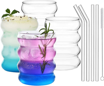 ALINK Ribbed Drinking Glasses with Glass Straws 4-Piece Set, 350ml Iced Coffee Glasses, Wave Glass Tumblers, Water Glasses, Long Drink Glasses, for Cocktails, Water, Soda, Gift with Brush.