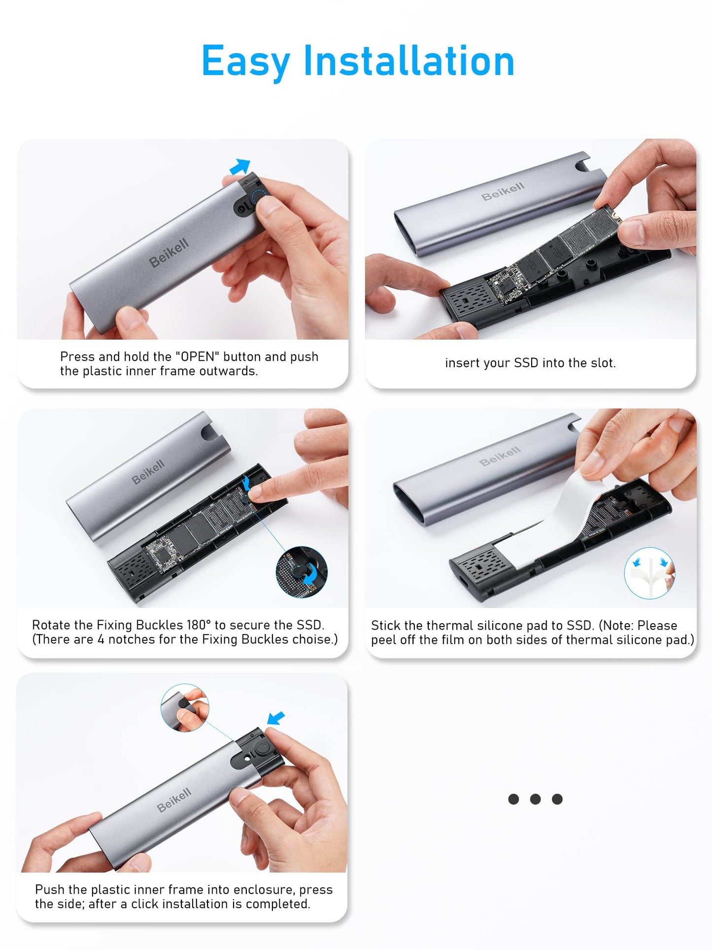 Beikell NVMe M.2 USB 3.2 SSD enclosure with heatsink 10 Gbps for PCIe M-Key/M+B Key/NVMe Express in 2230/2242/2260/2280, with Type C and A cables Tool-free.