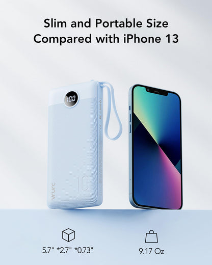 VRURC Powerbank 10000mAh with Cable, Portable Power Bank Charger USB C External Phone Batteries LED Display with 5 Outputs 2 Inputs Compatible with iPhone/Huawei/Samsung Smartphone, etc. - Blue
