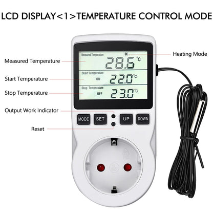 Temperature controller 230v Digital Thermostat Socket Plug thermostat with sensor Timer, Temperature socket heating cooling for greenhouse heating blanket water tank