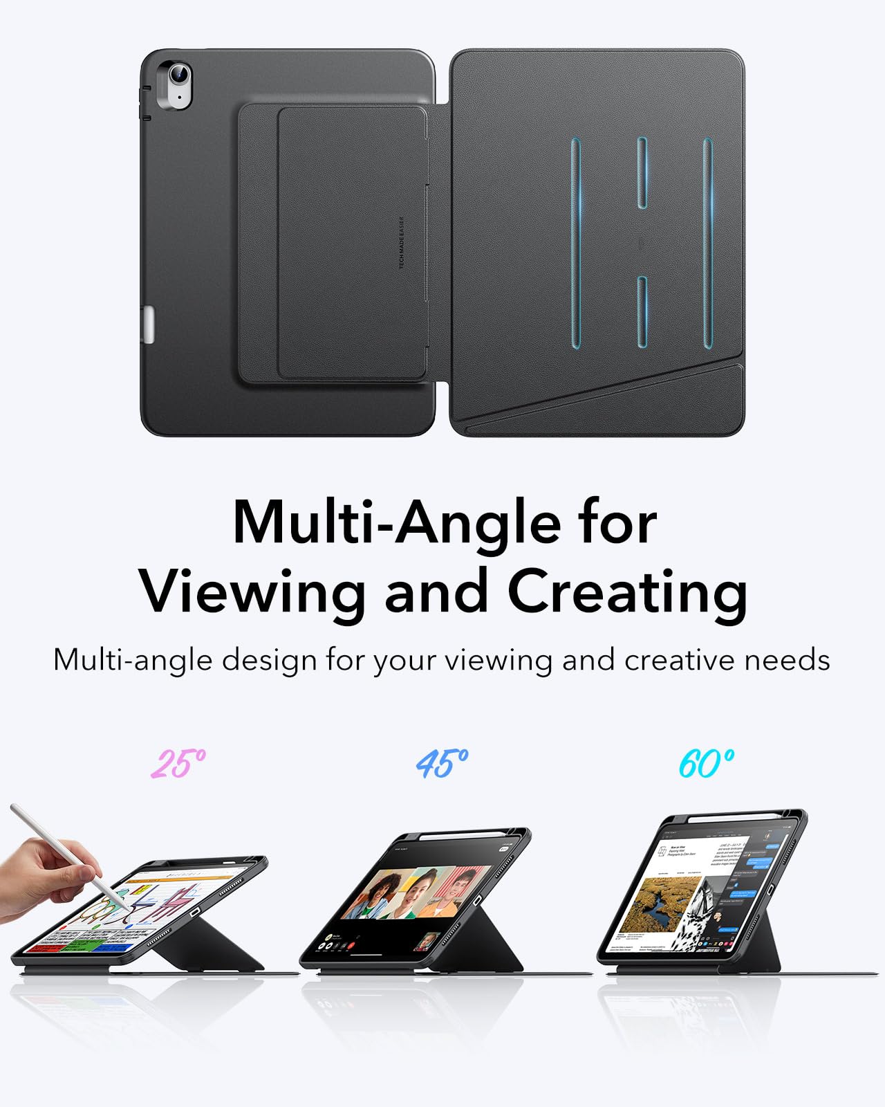 ESR case for iPad Air 11-inch M3/M2 (2025/2024), iPad Air 7th/5th/4th Generation (2022/2020), Vertical Stand Case, Multiple Viewing Angles, Ultra-Stable Case with Pencil Holder, Flip Series, Black