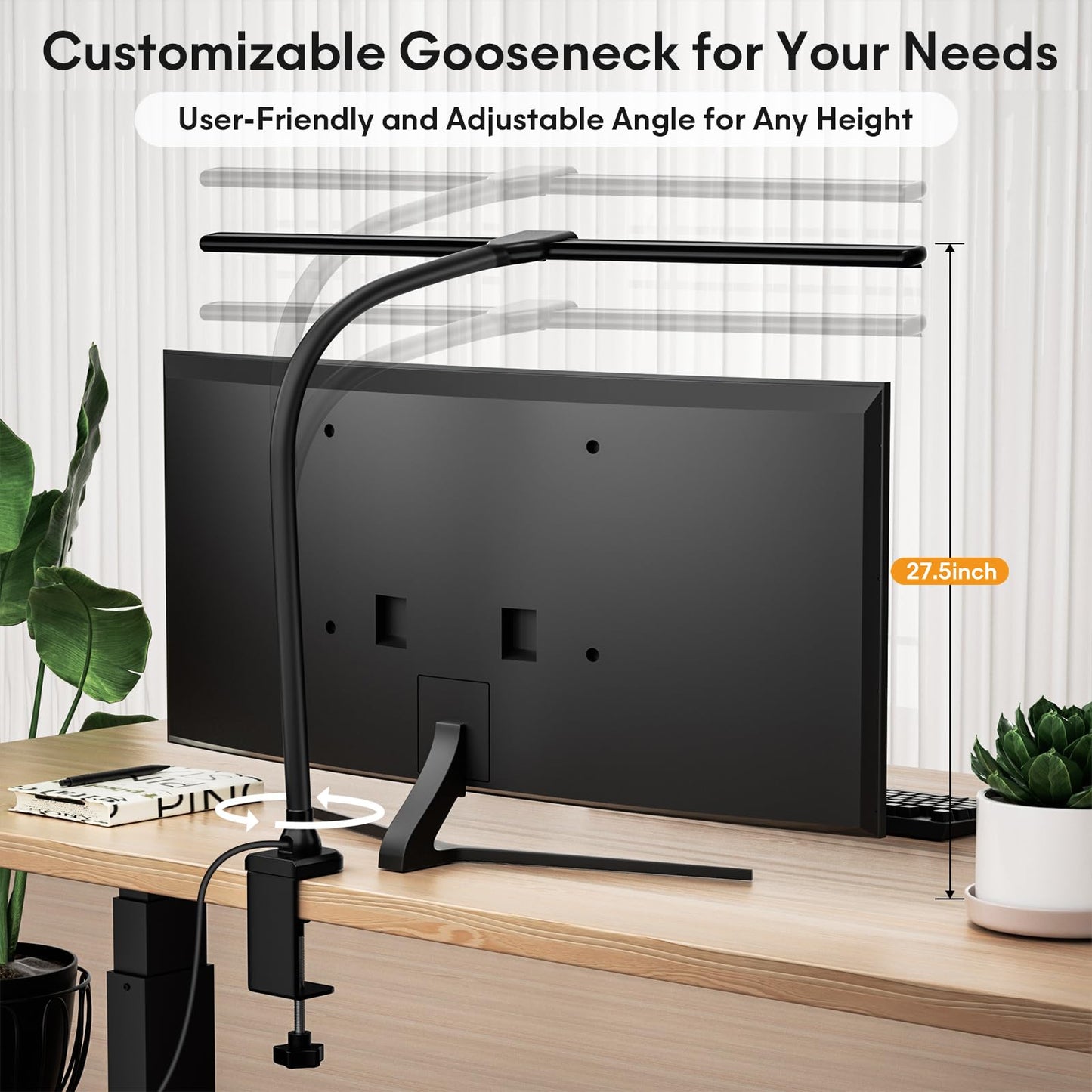 Hokone desk lamps for Home Office, 31.5" wide architect desk lamp with clamp, tall office lamp dimmable, black task light with timer, bright gooseneck lamp for workbench.
