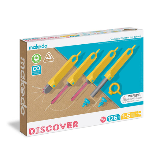 Makedo - construction toys for cardboard, kids games for ages 5 and up, educational mint toy, ideal for creative play at home - 126 piece tool set - Discover Pack.