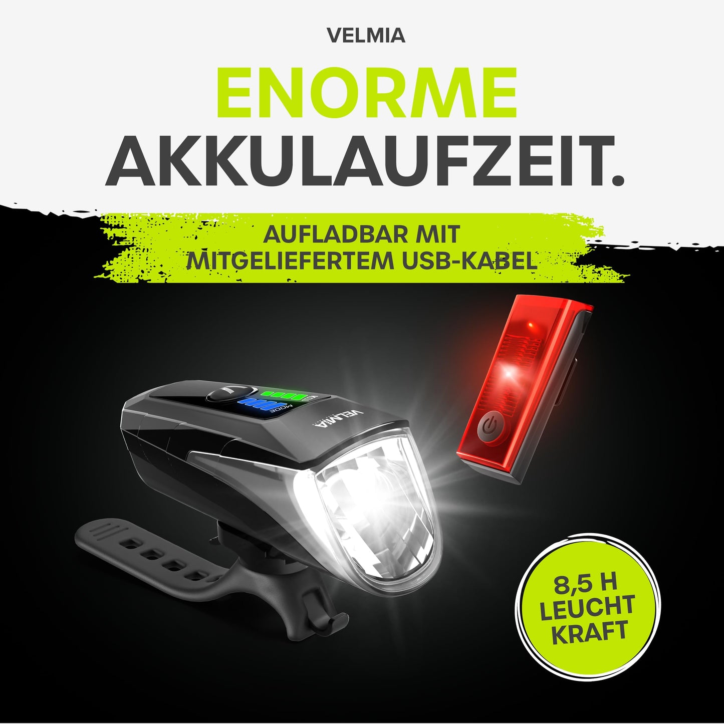 Velmia LED bike lights set approved for road use with USB battery operation and 8.5h runtime I rainproof and rechargeable light, bike accessory, front + rear light