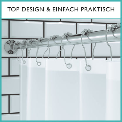 Shower curtain rod without drilling incl. 12 rings - Stable 120-215cm telescopic shower rod without drilling made of stainless steel rustproof - Shower curtain rod set - Telescopic rod shower & bathtub