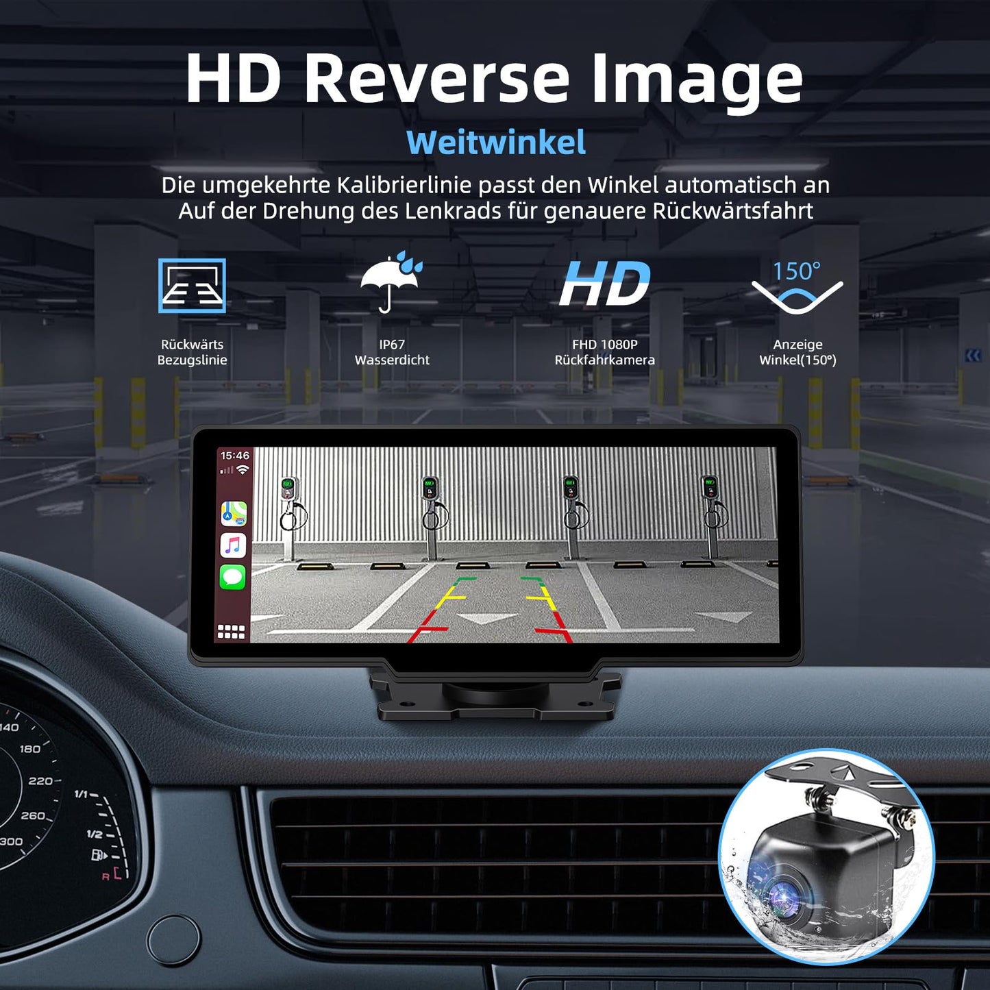 NVKHG Wireless CarPlay for CarPlay/Android Auto, featuring a 9.3-inch CarPlay touchscreen, dual camera, 4K+1080P dashcam & rearview camera, with AUX IN/Bluetooth/FM/GPS/Siri/Google Assistant.