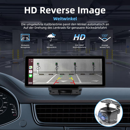 NVKHG Wireless CarPlay for CarPlay/Android Auto, featuring a 9.3-inch CarPlay touchscreen, dual camera, 4K+1080P dashcam & rearview camera, with AUX IN/Bluetooth/FM/GPS/Siri/Google Assistant.