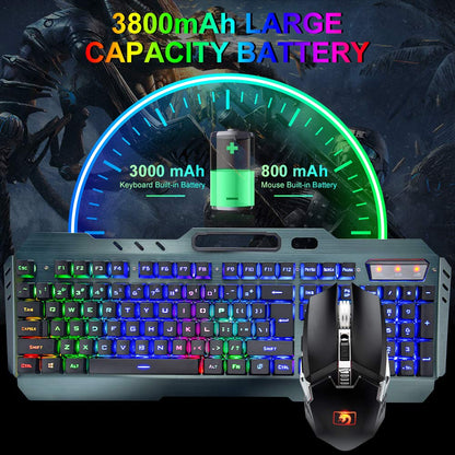 Wireless gaming keyboard and mouse set, 2.4G rechargeable 3800mAh large capacity, rainbow LED backlight gaming keyboard + 2400DPI 7-color breathing backlight mouse.