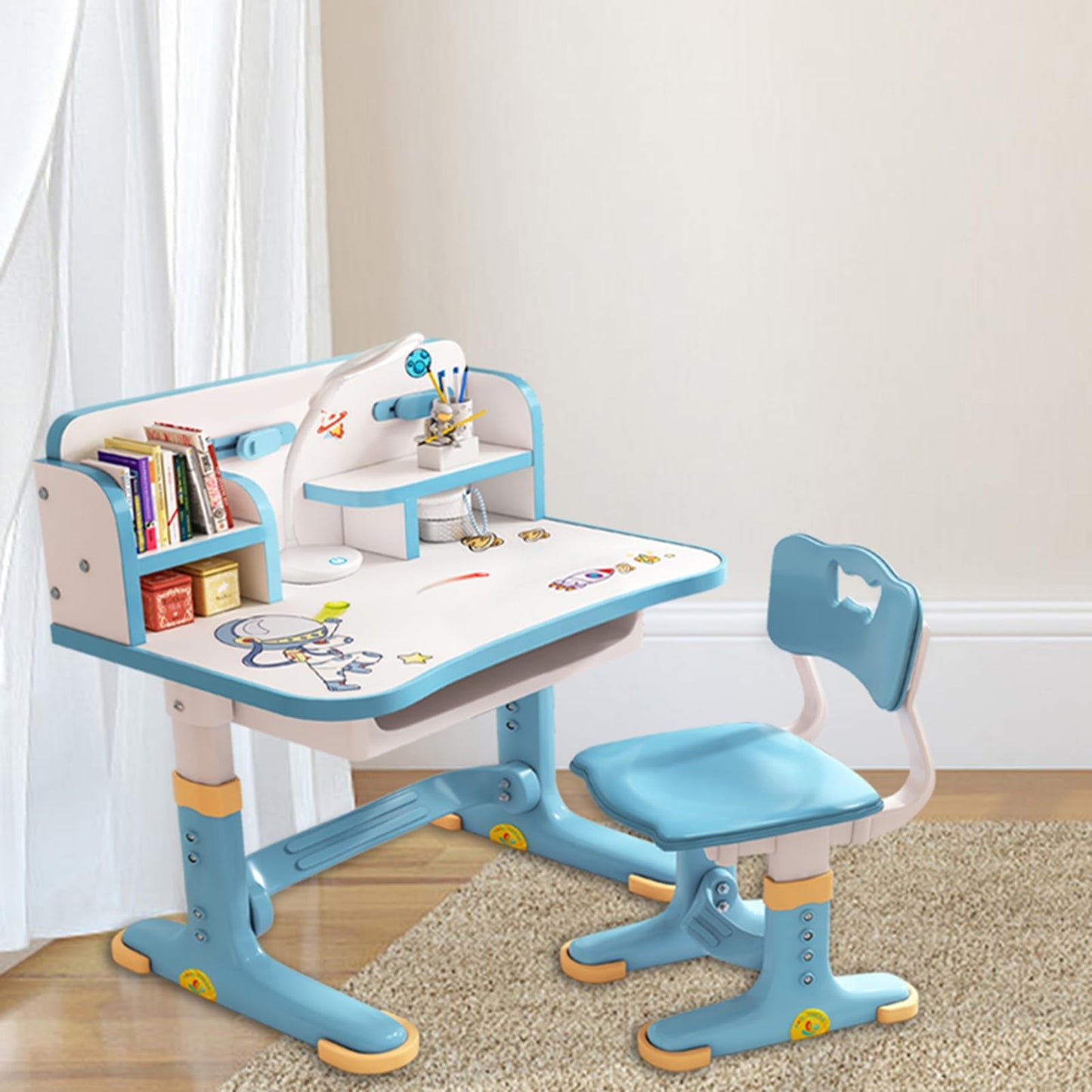 Bodhi2000 Kids Desk and Chair Set, small desk, standing desk, adjustable height with drawers and storage space, multi-compartment, cartoon pattern, study desk chair set, learning for boys and.