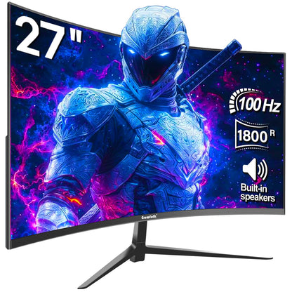 Gawfolk 27-inch curved monitor with 100Hz refresh rate, built-in speakers, 1080P resolution, 1800R curvature, 75Hz computer screen with Eye Care technology. Features HDMI and DP ports, VESA compatible.