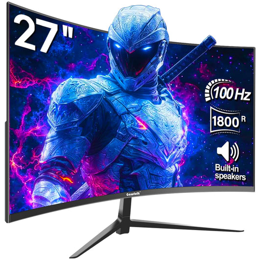 Gawfolk 27-inch curved monitor with 100Hz refresh rate, built-in speakers, 1080P resolution, 1800R curvature, 75Hz computer screen with Eye Care technology. Features HDMI and DP ports, VESA compatible.