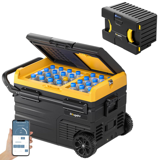 BougeRV 35L compressor cooler box (dual zone) 12/24V 230V with portable power station 173Wh (10hr runtime extension) power supply for car refrigerator