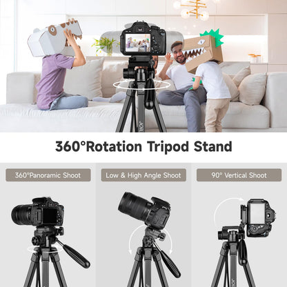 JOILCAN Camera Tripod, 173cm lightweight phone tripod for Smartphone/iPhone/iPad with detachable head, portable aluminum travel tripod with remote control and phone & tablet holder, load capacity 3.6KG