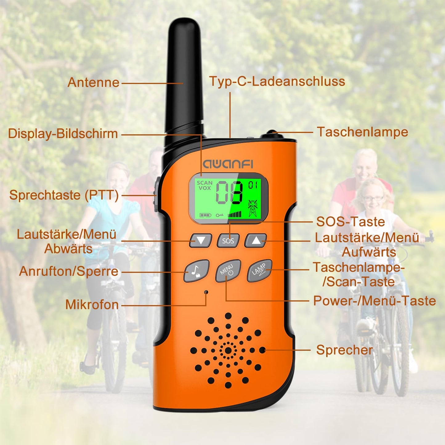 AWANFI Walkie Talkie Kids 3-Pack, Rechargeable Walkie Talkie with Li-ion Battery, Two-Way Radio with VOX, Flashlight, Walkie Talkie Camping Adventure, Gift for Kids aged 3-12.