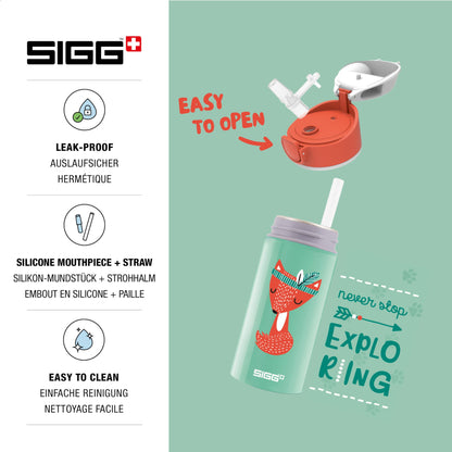 SIGG - Aluminum Kids Water Bottle - Miracle Peaceful - With Straw - Leakproof - Lightweight - BPA-free - Climate Neutral Certified - School & Sports - Water Green & Orange with Fox - 0.4L