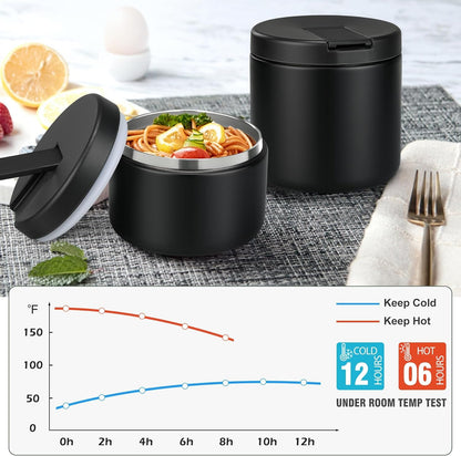 Itslife 560ml stainless steel insulated food jar with buckle cover, wide mouth design, suitable for cold & hot food, leak-proof lunch container for kids, in black.