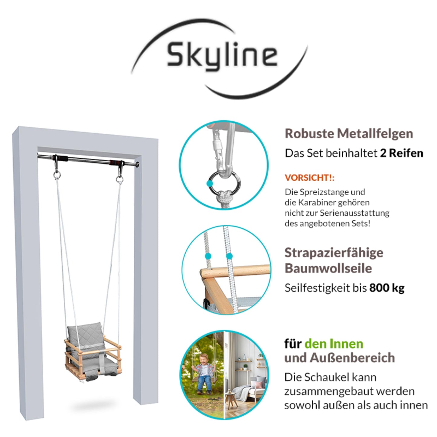 Wooden baby swing, children's swing, 3 in 1 swing for kids with safety belt, toddler swing, baby swing and swing seat, wooden children's swing for indoor and outdoor use (light grey)