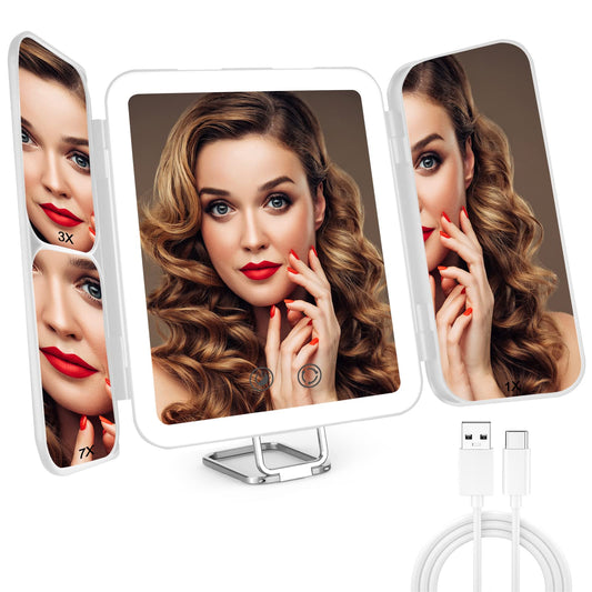 JIMACRO Cosmetic Mirror with LED Light, Portable USB Rechargeable Makeup Mirror, Table Mirror with 3X/7X Magnification, Steplessly Dimmable Makeup Mirror with 3 Adjustable Light Colors.