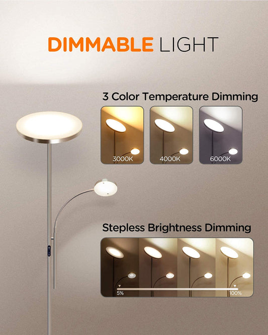 Tomons floor lamp for living room, LED floor lamp dimmable, floor lamp dimmable, ceiling floodlight with adjustable reading lamp, modern design, 3 color temperatures, with remote control, for office bedroom