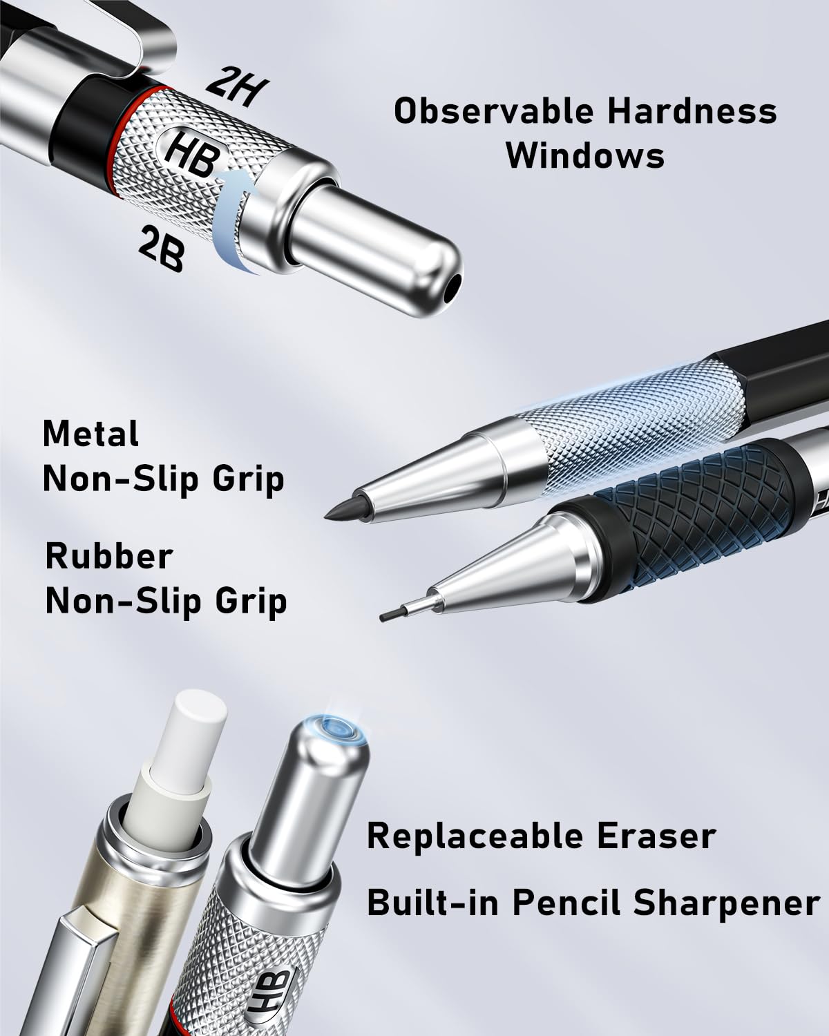 Four Candies 25-piece Art Mechanical Pencil Set with Case, Metal Mechanical Pencils 0.5, 0.7, 0.9 mm 2 mm Clutch Pencil (HB 2H 2B 4B Color) with 432 Graphite Lead Refills for Drawing