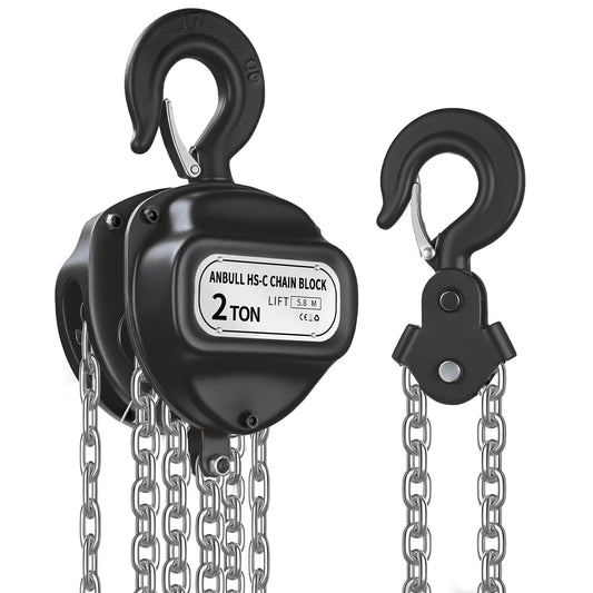 Anbull Chain Hoist, 2000kg load capacity, 5.8m lifting height, fully galvanized chain, no oil stains and rust-proof, product weight 17.5kg.