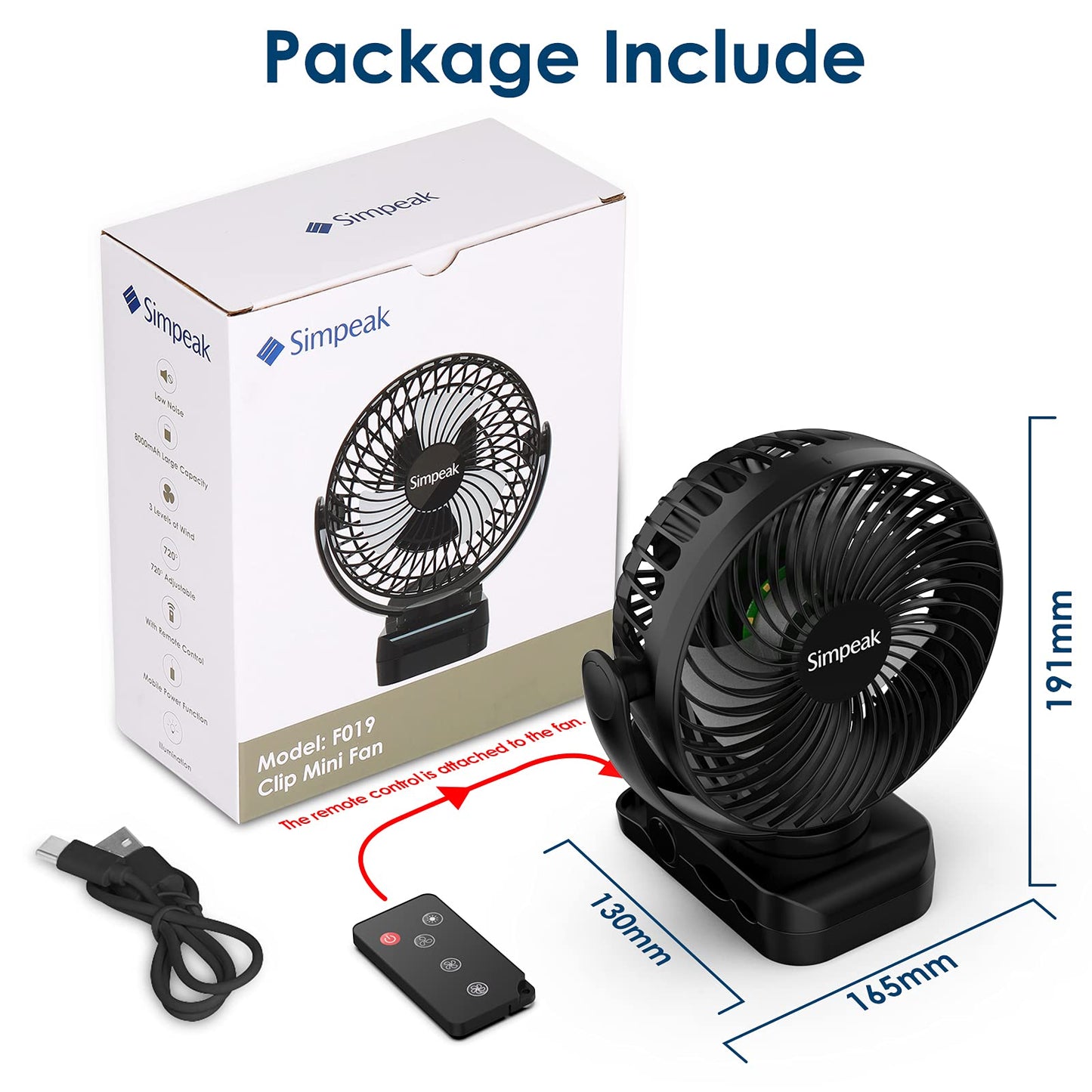 Simpeak 8000mAh Camping Fan Desk Fan, Mini USB Fan Quiet, Clip Fan with Remote Control and LED Light [3 Speed] [720° Rotation] - Black