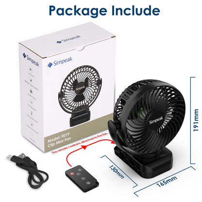 Simpeak 8000mAh Camping Fan Desk Fan, Mini USB Fan Quiet, Clip Fan with Remote Control and LED Light [3 Speed] [720° Rotation] - Black