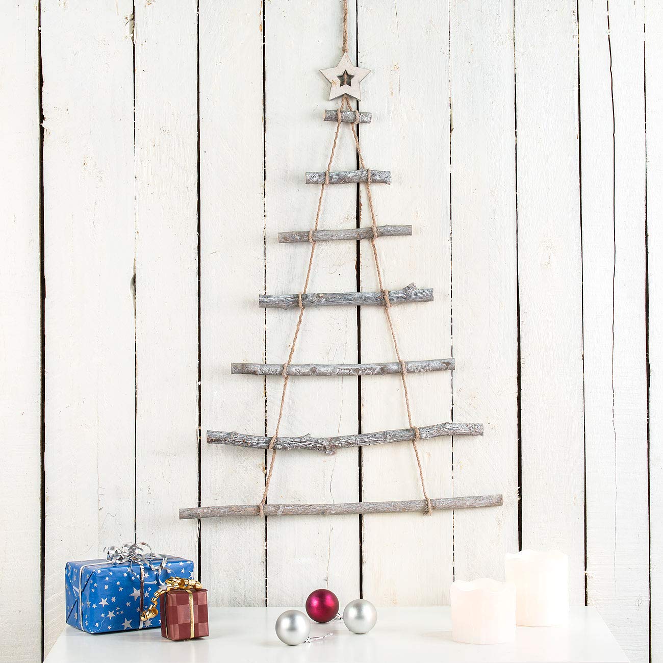 British Garden Decor: 2 decorative wooden ladders in the shape of a Christmas tree to hang up, 48 x 78 cm (Christmas decoration wooden ladder, wooden Christmas tree, fairy lights)