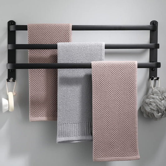 Towel holder, aluminum towel rack, wall mounted 3-tier towel bar with hooks 80CM Black Waterproof Rustproof towel holder for bathroom/kitchen/towel rack/shoe rack.
