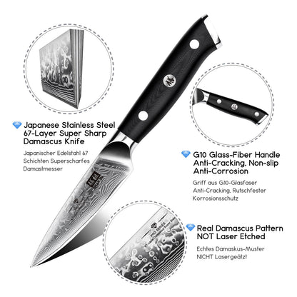 SHAN ZU Damascus Knife Vegetable Knife Paring Knife Fruit Knife made of 67 layers of Damascus Steel Kitchen Knife Small Professional Knife with Ergonomic G10 Handle