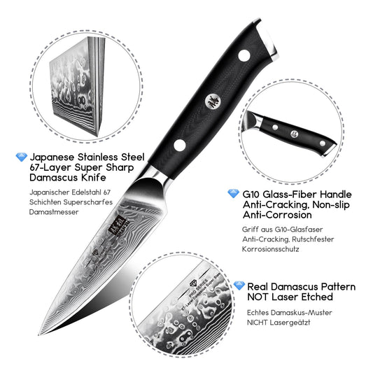 SHAN ZU Damascus Knife Vegetable Knife Paring Knife Fruit Knife made of 67 layers of Damascus Steel Kitchen Knife Small Professional Knife with Ergonomic G10 Handle