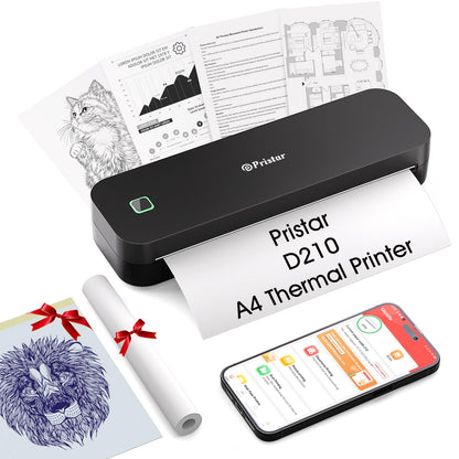 Pristar D210 thermal printer A4, portable printer compatible with iOS/Android and laptops, mobile printer A4 for on the go, office, car, school, home, Bluetooth thermal printer tattoo, black