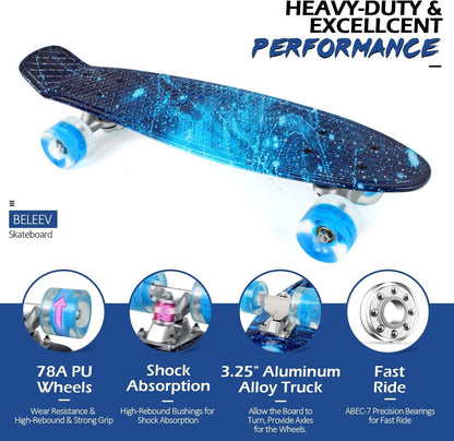 BELEEV Children's Skateboard 22 Inch with LED Light-up Wheels, Complete Mini Cruiser Skateboard for Kids Teens Adults, LED Light-up Wheels with All-in-one Skate T-Tool for Beginners